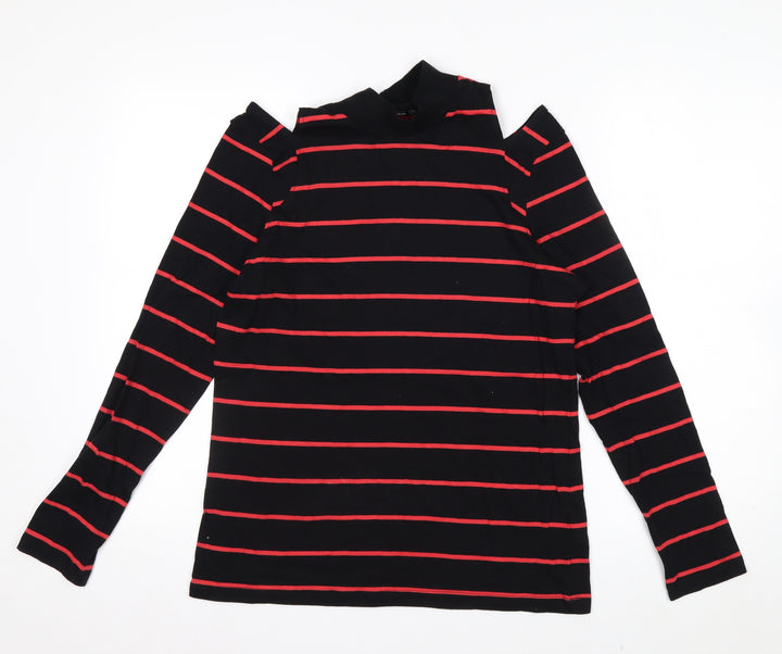 Next Womens Black Red Striped Roll Neck Cold Shoulder Top Size 14