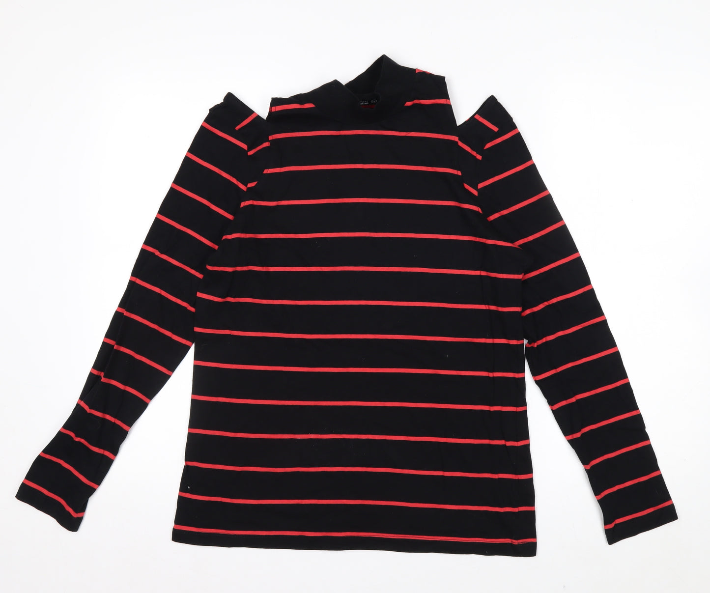 Next Womens Black Red Striped Roll Neck Cold Shoulder Top Size 14