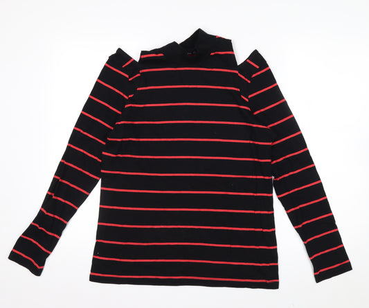 Next Womens Black Red Striped Roll Neck Cold Shoulder Top Size 14