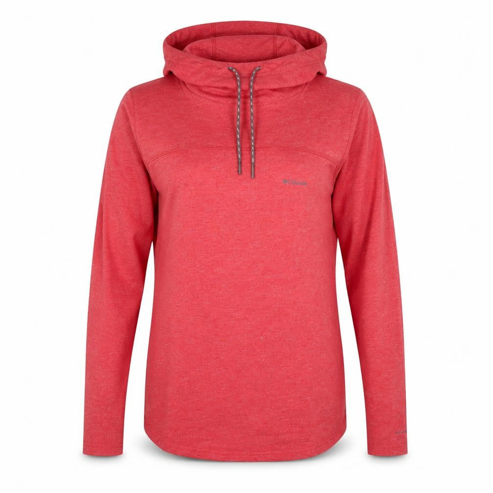 Front view of Columbia women’s red pullover hoodie, size S, long sleeve activewear