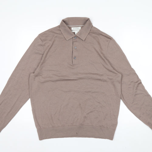 Marks and Spencer Men Brown Merino Wool Collared Henley Jumper L