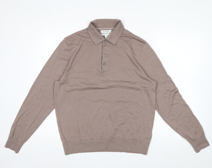 Marks and Spencer Men Brown Merino Wool Collared Henley Jumper L