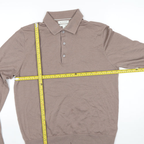 Marks and Spencer Men Brown Merino Wool Collared Henley Jumper L