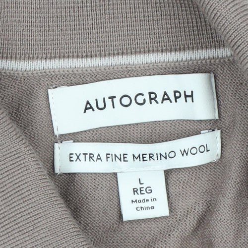 Marks and Spencer Men Brown Merino Wool Collared Henley Jumper L