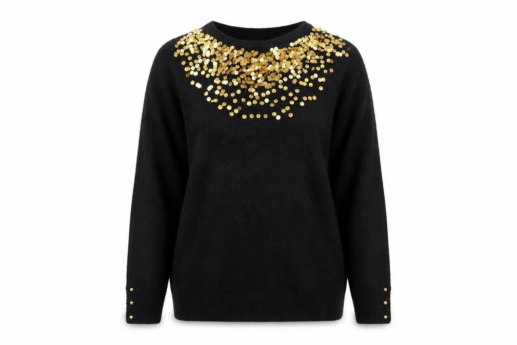 Front view of Blancheporte women’s black sequin crew neck long sleeve jumper, size UK 12