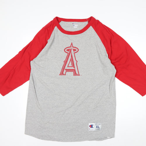 Champion Men’s Grey Red 3/4 Sleeve Graphic Baseball Shirt XL
