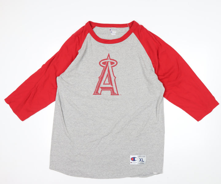 Champion Men’s Grey Red 3/4 Sleeve Graphic Baseball Shirt XL