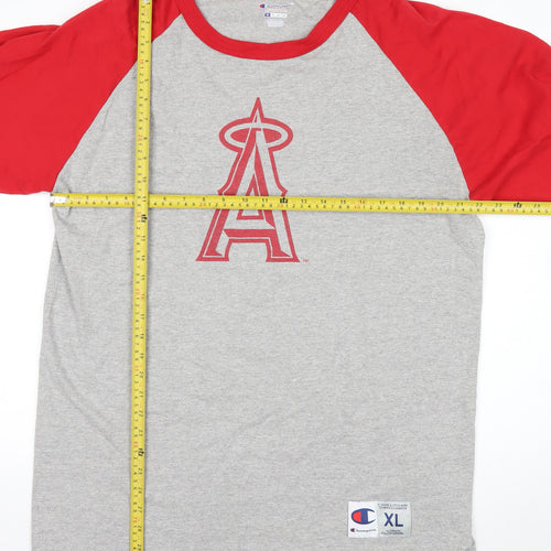Champion Men’s Grey Red 3/4 Sleeve Graphic Baseball Shirt XL