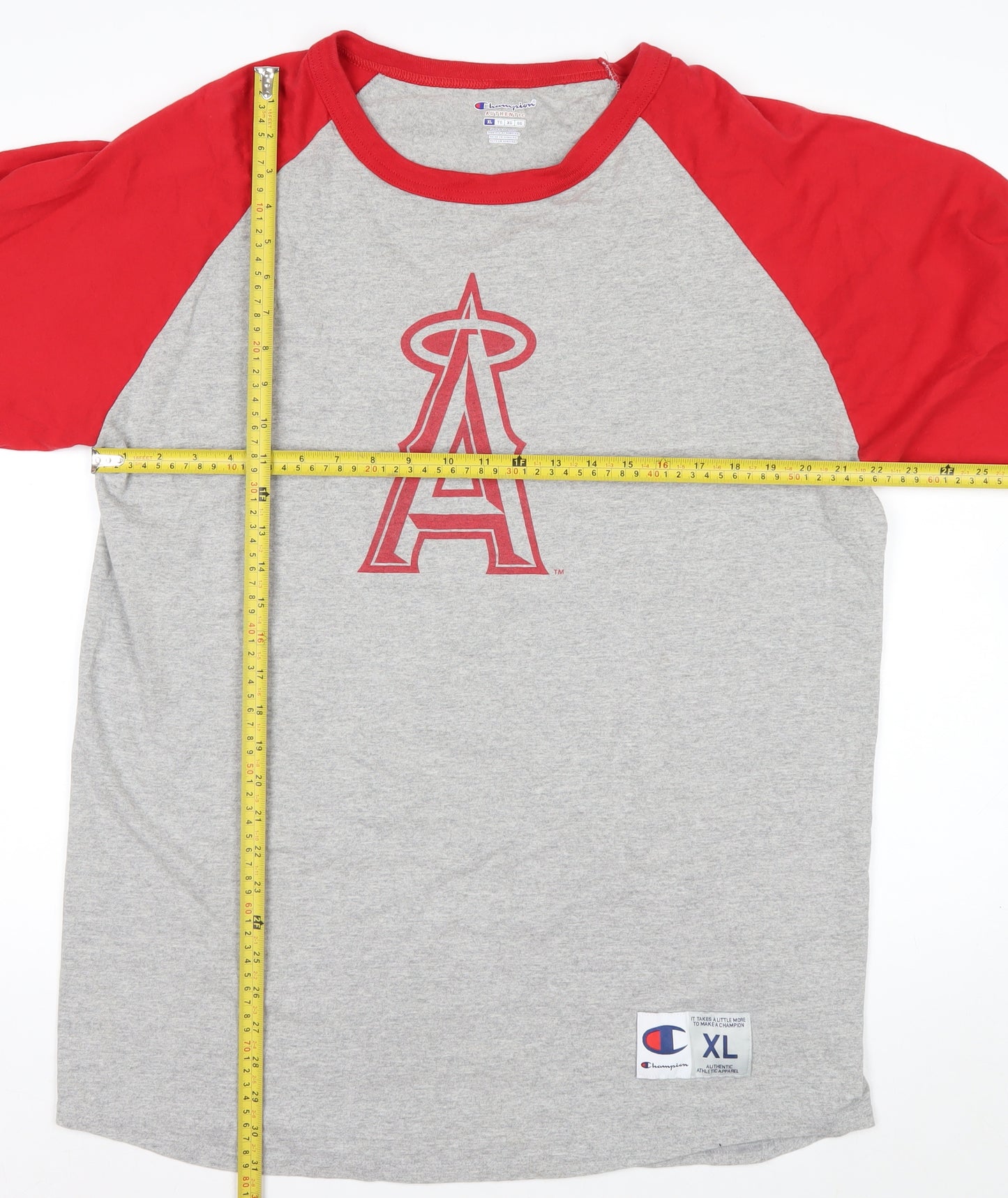Champion Men’s Grey Red 3/4 Sleeve Graphic Baseball Shirt XL