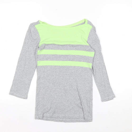 Gap Women's Grey and Green Boat Neck Long Sleeve T-Shirt XS