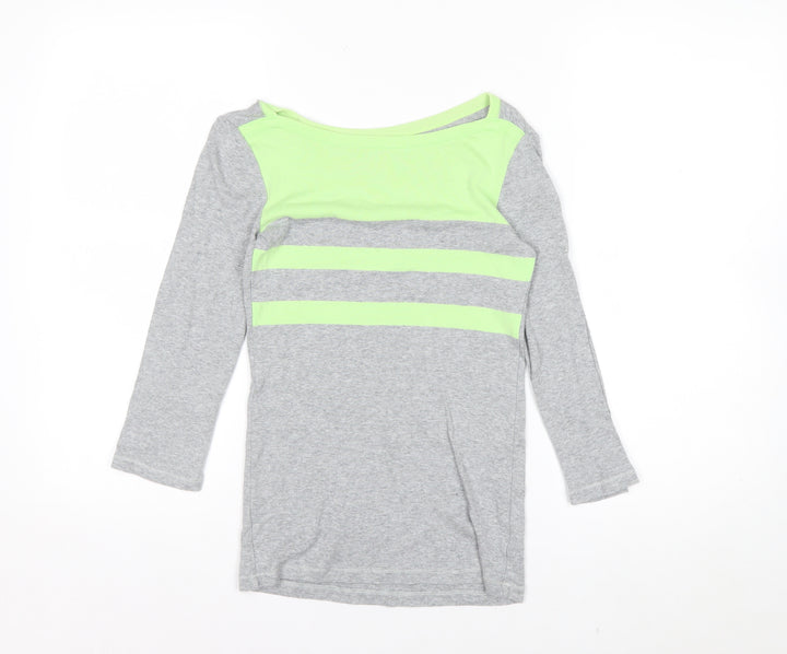 Gap Women's Grey and Green Boat Neck Long Sleeve T-Shirt XS