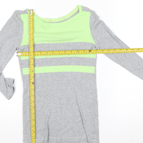 Gap Women's Grey and Green Boat Neck Long Sleeve T-Shirt XS