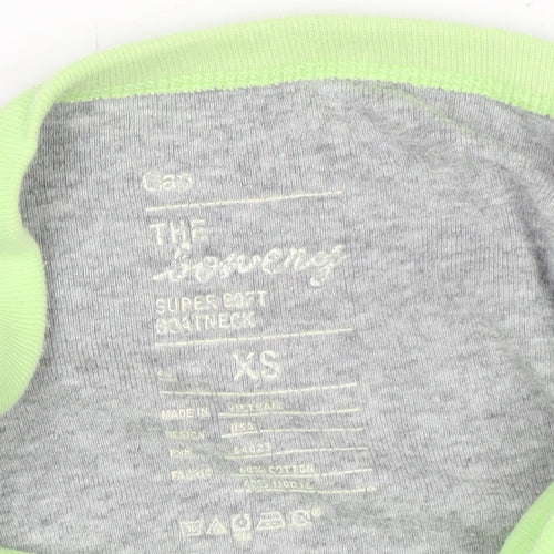 Gap Women's Grey and Green Boat Neck Long Sleeve T-Shirt XS