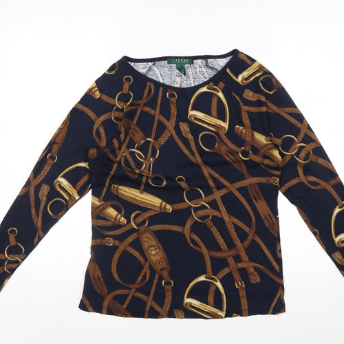 Ralph Lauren Women's Blue Equestrian Print Long Sleeve Cotton Top Size L
