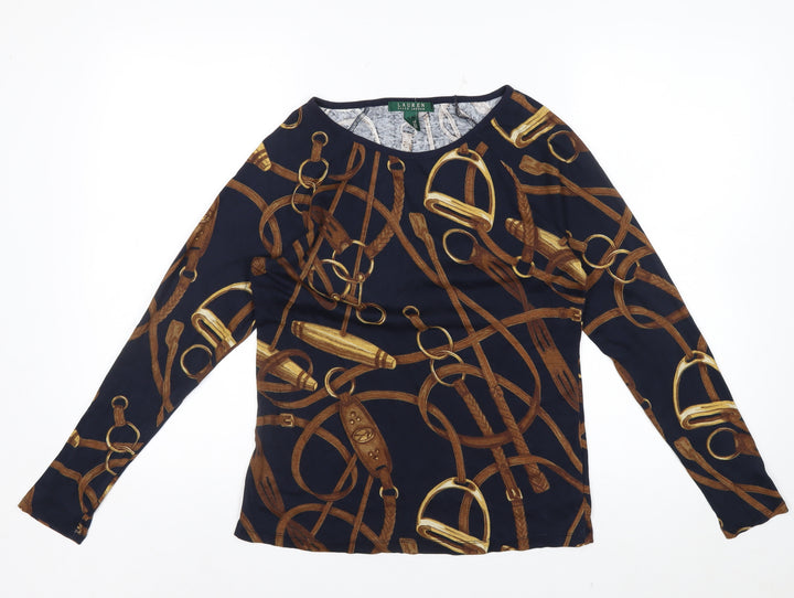Ralph Lauren Women's Blue Equestrian Print Long Sleeve Cotton Top Size L