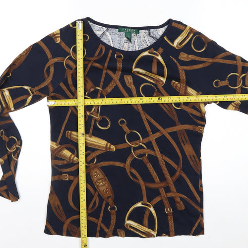 Ralph Lauren Women's Blue Equestrian Print Long Sleeve Cotton Top Size L