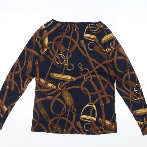 Ralph Lauren Women's Blue Equestrian Print Long Sleeve Cotton Top Size L