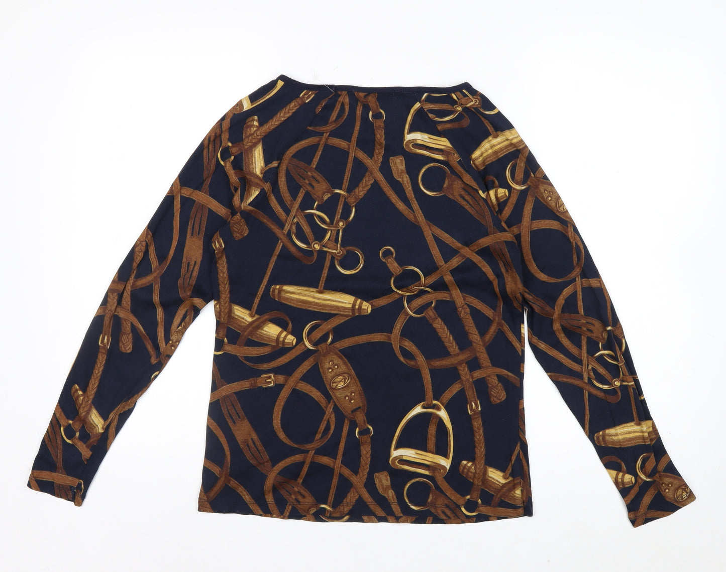Ralph Lauren Women's Blue Equestrian Print Long Sleeve Cotton Top Size L