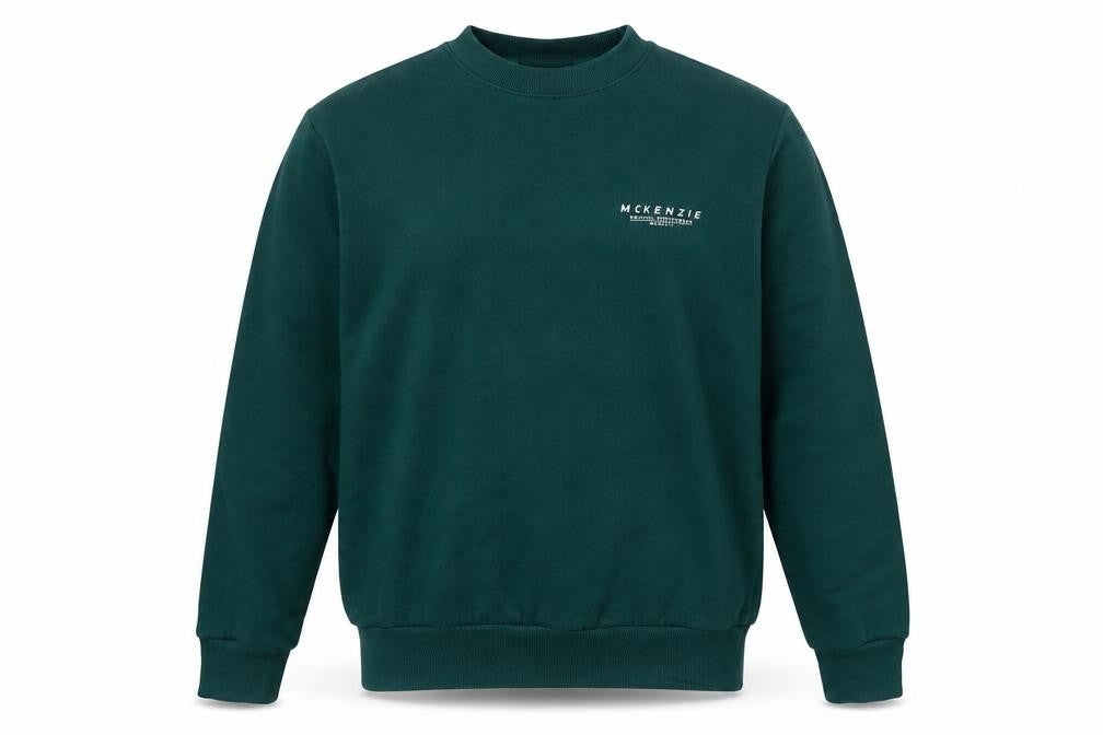 Front view of McKenzie Men's Green Crew Neck Pullover Sweatshirt, size M