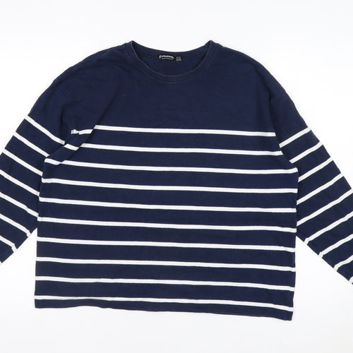 Stradivarius Women Navy Blue Stripe Pullover Sweatshirt Size 12