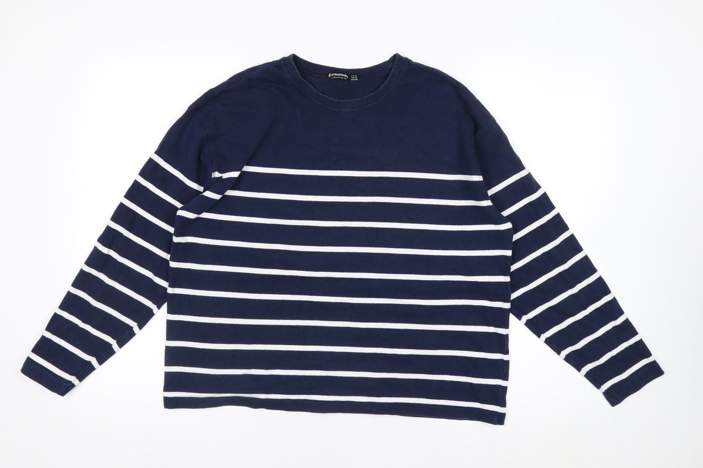Stradivarius Women Navy Blue Stripe Pullover Sweatshirt Size 12