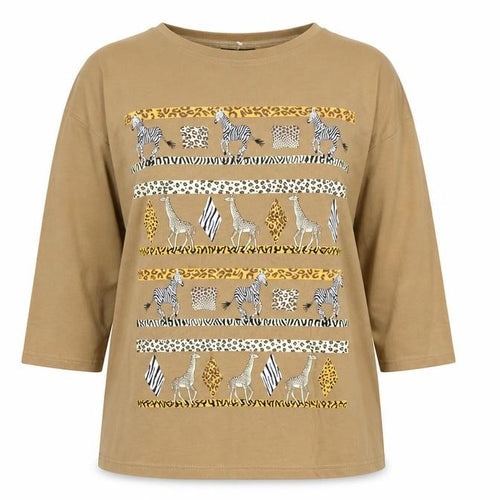 Jouly Women Brown Animal Print Long Sleeve Vintage T-Shirt One Size