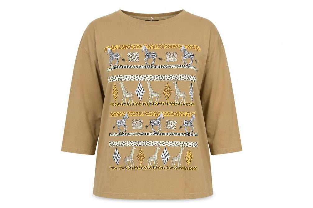 Jouly Women Brown Animal Print Long Sleeve Vintage T-Shirt One Size