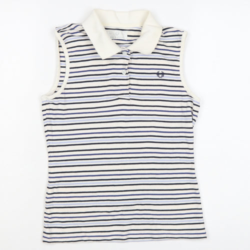 Fred Perry Womens White Blue Striped Sleeveless Polo Shirt UK 12