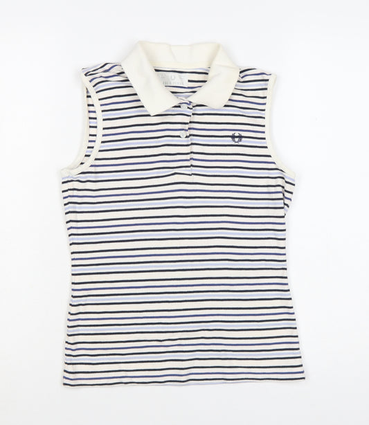 Fred Perry Womens White Blue Striped Sleeveless Polo Shirt UK 12