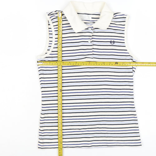 Fred Perry Womens White Blue Striped Sleeveless Polo Shirt UK 12