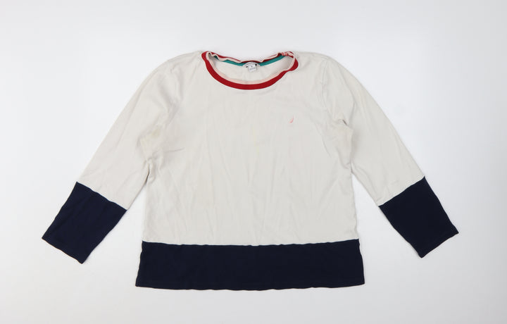 Nautica Women Ivory Navy Colourblock Cotton Pullover Sweatshirt XL