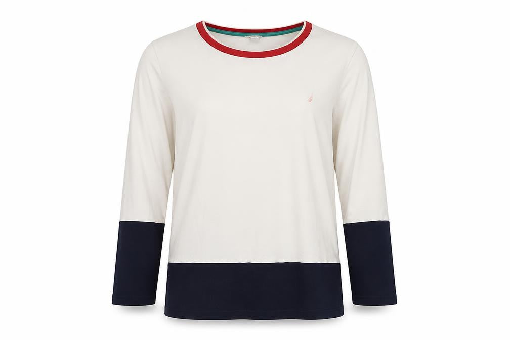 Front view of Nautica Women Ivory Navy Colourblock Cotton Pullover Sweatshirt XL