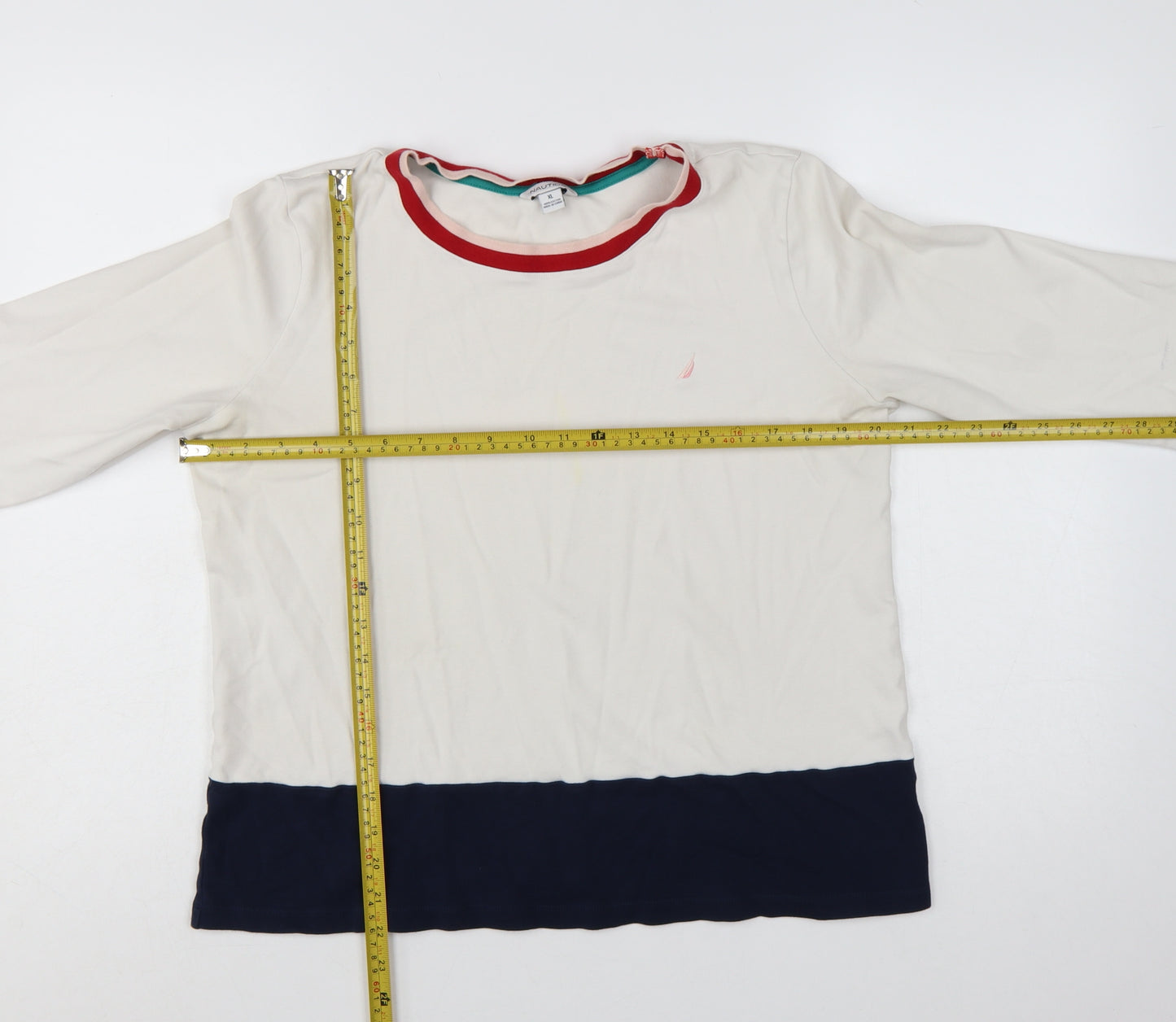Nautica Women Ivory Navy Colourblock Cotton Pullover Sweatshirt XL