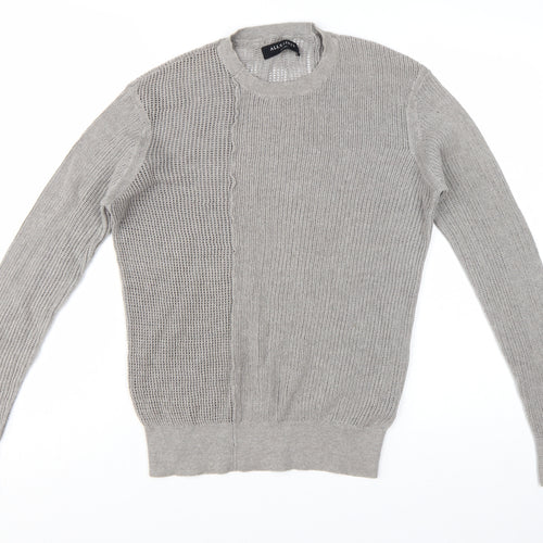 AllSaints Men's Grey Cotton Open-Knit Crew Neck Jumper Size S