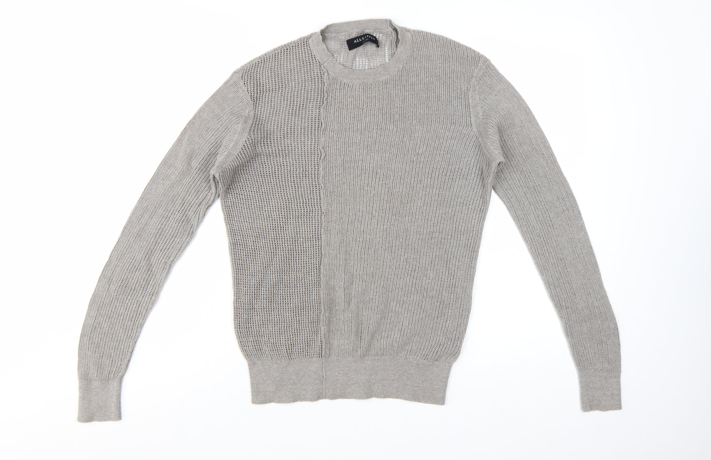 AllSaints Men's Grey Cotton Open-Knit Crew Neck Jumper Size S