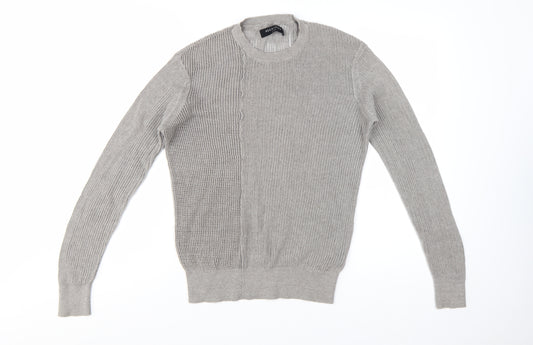 AllSaints Men's Grey Cotton Open-Knit Crew Neck Jumper Size S