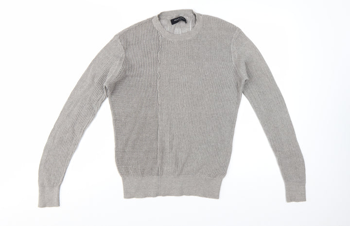 AllSaints Men's Grey Cotton Open-Knit Crew Neck Jumper Size S