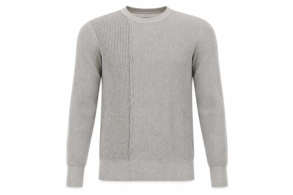Front view of AllSaints Men's Grey Cotton Open-Knit Crew Neck Jumper, size S