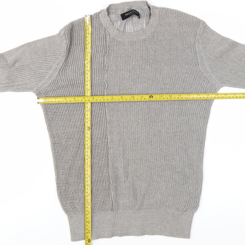 AllSaints Men's Grey Cotton Open-Knit Crew Neck Jumper Size S