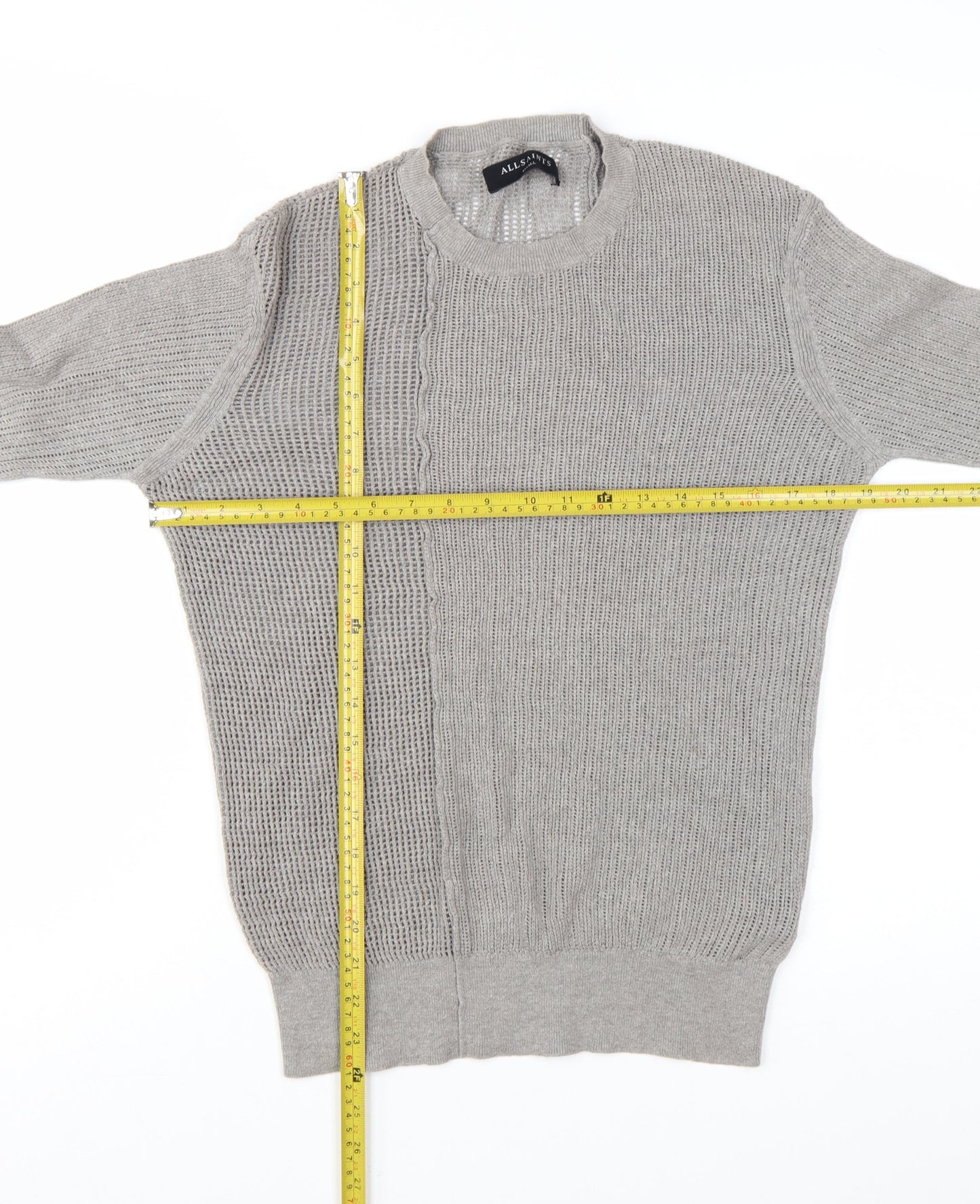 AllSaints Men's Grey Cotton Open-Knit Crew Neck Jumper Size S