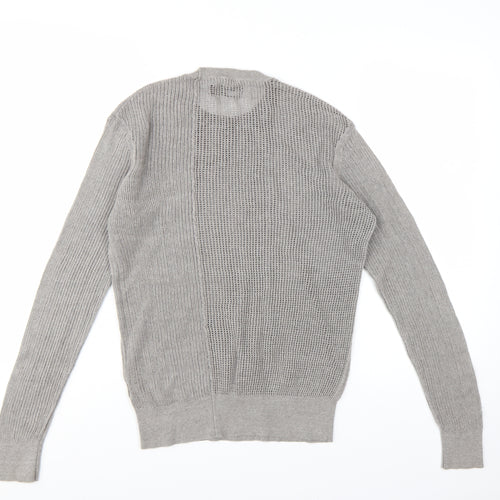 AllSaints Men's Grey Cotton Open-Knit Crew Neck Jumper Size S