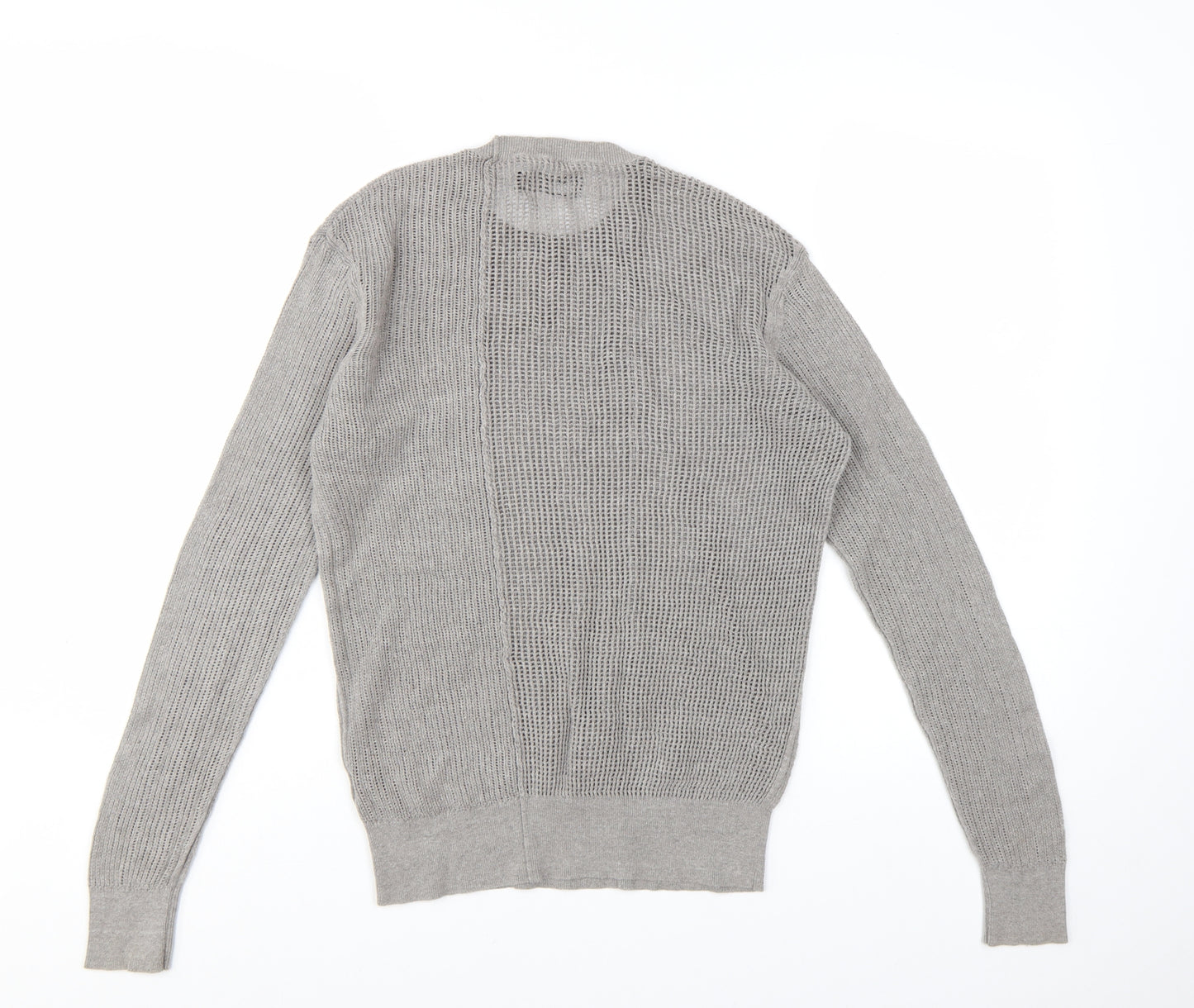 AllSaints Men's Grey Cotton Open-Knit Crew Neck Jumper Size S
