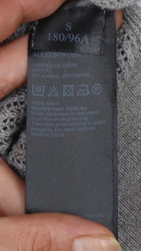 AllSaints Men's Grey Cotton Open-Knit Crew Neck Jumper Size S
