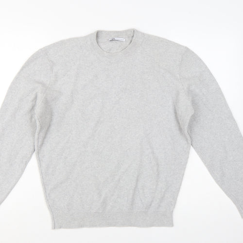 Zara Men's Grey Wool Jumper M Crew Neck Pullover Classic Knit