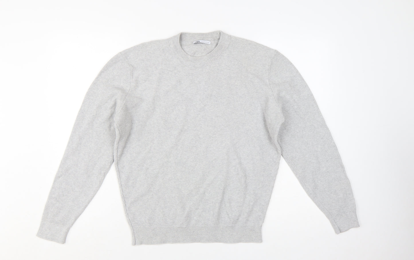 Zara Men's Grey Wool Jumper M Crew Neck Pullover Classic Knit