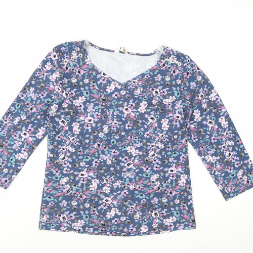 Cotton Traders Womens Blue Floral 3/4 Sleeve V-Neck Cotton T-Shirt Size 10
