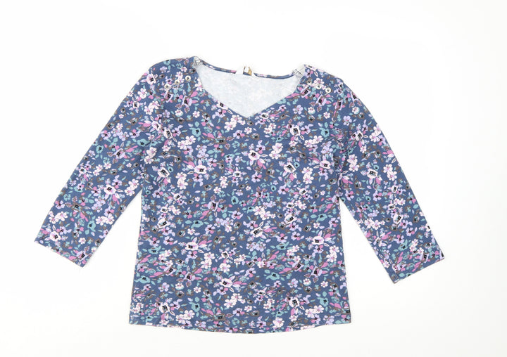 Cotton Traders Womens Blue Floral 3/4 Sleeve V-Neck Cotton T-Shirt Size 10