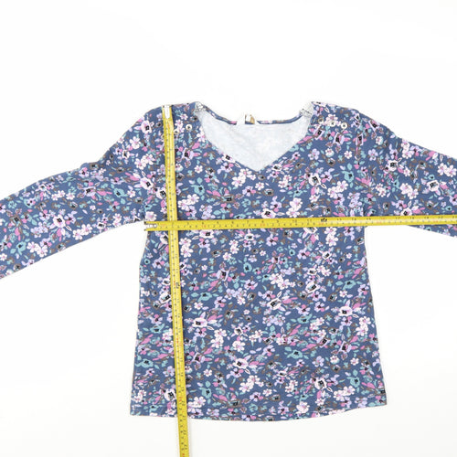 Cotton Traders Womens Blue Floral 3/4 Sleeve V-Neck Cotton T-Shirt Size 10