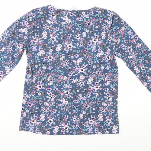 Cotton Traders Womens Blue Floral 3/4 Sleeve V-Neck Cotton T-Shirt Size 10