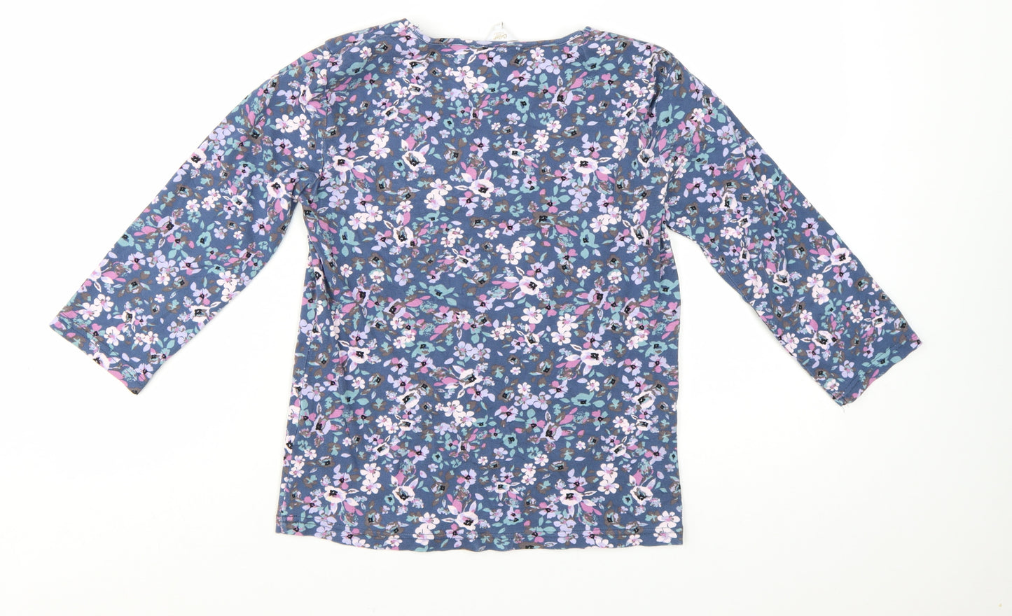 Cotton Traders Womens Blue Floral 3/4 Sleeve V-Neck Cotton T-Shirt Size 10